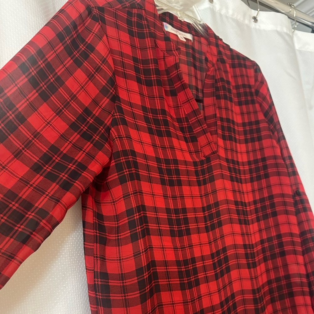 Hi/Lo Sheer Black and Red Plaid, Long Sleeve or 3/4 Button Sleeves Blouse - Picture 1 of 6